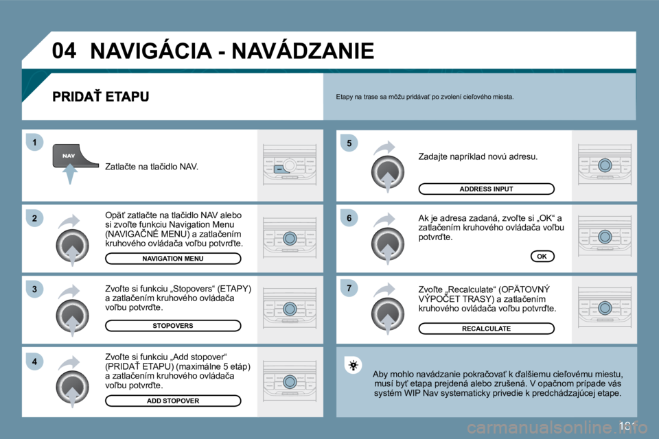 PEUGEOT 207 2010  Návod na použitie (in Slovakian) 181
�0�4
�7
�6
�5
�4
�3
�2
�1
� �Z�a�d�a�j�t�e� �n�a�p�r�í�k�l�a�d� �n�o�v�ú� �a�d�r�e�s�u�.� 
� �A�k� �j�e� �a�d�r�e�s�a� �z�a�d�a�n�á�,� �z�v�o-�t�e� �s�i� �„�O�K�“� �a� �z�a�t�l�a�č�e�n�í
