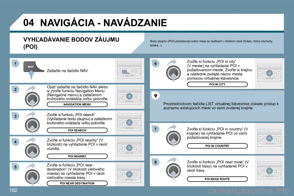 PEUGEOT 207 2010  Návod na použitie (in Slovakian) 182
�0�4
�8
�6 
�7
�4
�3
�5
�2
�1
� �N�A�V�I�G�Á�C�I�A� �-� �N�A�V�Á�D�Z�A�N�I�E� 
� � �V�Y�H,�A�D�Á�V�A�N�I�E� �B�O�D�O�V� �Z�Á�U�J�M�U� 
�(�P�O�I�)� 
� � �Z�a�t�l�a�č�t�e� �n�a� �t�l�a�č�i�d�