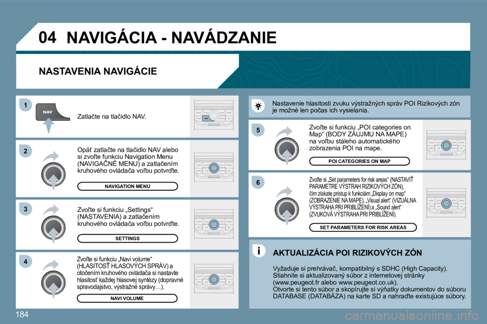 PEUGEOT 207 2010  Návod na použitie (in Slovakian) 184
�0�4
�5 
�6
�3
�2
�1
�4
� � �N�A�S�T�A�V�E�N�I�A� �N�A�V�I�G�Á�C�I�E� 
� �N�A�V�I�G�Á�C�I�A� �-� �N�A�V�Á�D�Z�A�N�I�E� 
� � �Z�v�o-�t�e� �s�i� �„�S�e�t� �p�a�r�a�m�e�t�e�r�s� �f�o�r� �r�i�s�