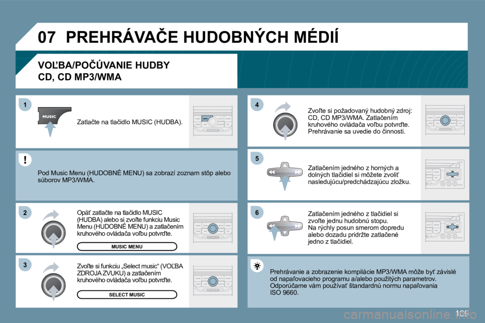 PEUGEOT 207 2010  Návod na použitie (in Slovakian) 189
�0�7
�6
�4 
�5
�3
�2
�1
�V�O,�B�A�/�P�O�Č�Ú�V�A�N�I�E� �H�U�D�B�Y� � 
�C�D�,� �C�D� �M�P�3�/�W�M�A� 
� �P�r�e�h�r�á�v�a�n�i�e� �a� �z�o�b�r�a�z�e�n�i�e� �k�o�m�p�i�l�á�c�i�e� �M�P�3�/�W�M�A� 