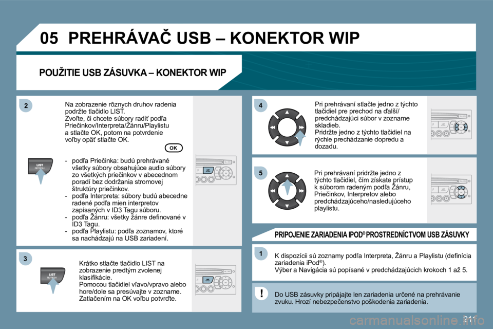PEUGEOT 207 2010  Návod na použitie (in Slovakian) �2�1�1
�3�3
�0�5
�4�4
�1�1
�5�5
�2�2
� �P�R�E�H�R�Á�V�A�Č� �U�S�B� �–� �K�O�N�E�K�T�O�R� �W�I�P� 
� � �P�O�U�Ž�I�T�I�E� �U�S�B� �Z�Á�S�U�V�K�A� �–� �K�O�N�E�K�T�O�R� �W�I�P� 
� � �K�r�á�t�k�o
