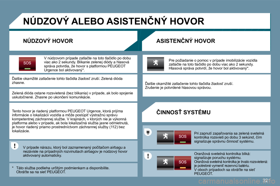 PEUGEOT 207 2010  Návod na použitie (in Slovakian) �2�2�1
�N�Ú�D�Z�O�V�Ý� �A�L�E�B�O� �A�S�I�S�T�E�N�Č�N�Ý� �H�O�V�O�R� 
� � �N�Ú�D�Z�O�V�Ý� �H�O�V�O�R� � � �A�S�I�S�T�E�N�Č�N�Ý� �H�O�V�O�R� 
� � �Č�I�N�N�O�S>� �S�Y�S�T�É�M�U� 
� � �V� � �n