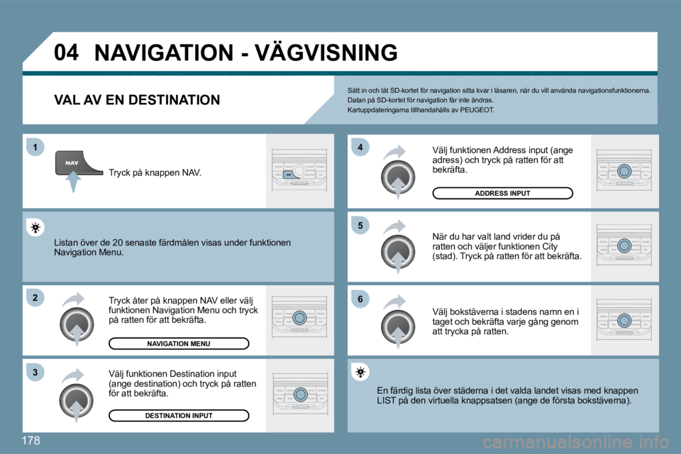 PEUGEOT 207 2010  Bruksanvisningar (in Swedish) 178
�0�4
�1
�2
�3
�5 
�6
�4
� �N�A�V�I�G�A�T�I�O�N� �-� �V�Ä�G�V�I�S�N�I�N�G� 
�V�A�L� �A�V� �E�N� �D�E�S�T�I�N�A�T�I�O�N� 
� � �T�r�y�c�k� �å�t�e�r� �p�å� �k�n�a�p�p�e�n� �N�A�V� �e�l�l�e�r� �v�ä