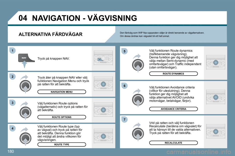 PEUGEOT 207 2010  Bruksanvisningar (in Swedish) �1�8�0
�0�4
�4
�3
�2
�1
�7
�6
�5
� �N�A�V�I�G�A�T�I�O�N� �-� �V�Ä�G�V�I�S�N�I�N�G� 
� � �A�L�T�E�R�N�A�T�I�V�A� �F�Ä�R�D�V�Ä�G�A�R� 
� � �V�ä�l�j� �f�u�n�k�t�i�o�n�e�n� �R�o�u�t�e� �d�y�n�a�m�i�c�