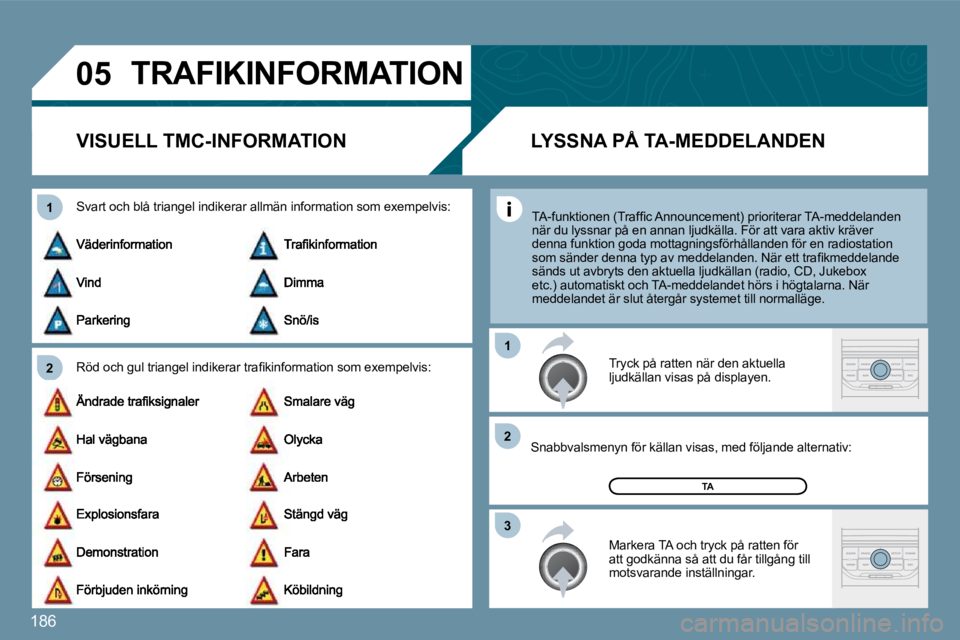 PEUGEOT 207 2010  Bruksanvisningar (in Swedish) �1�8�6
�0�5
�2
�1
�3
�2
�1
� �T�R�A�F�I�K�I�N�F�O�R�M�A�T�I�O�N� 
�V�I�S�U�E�L�L� �T�M�C�-�I�N�F�O�R�M�A�T�I�O�N� 
� � �R�ö�d� �o�c�h� �g�u�l� �t�r�i�a�n�g�e�l� �i�n�d�i�k�e�r�a�r� �t�r�a�ﬁ� �k�i�n