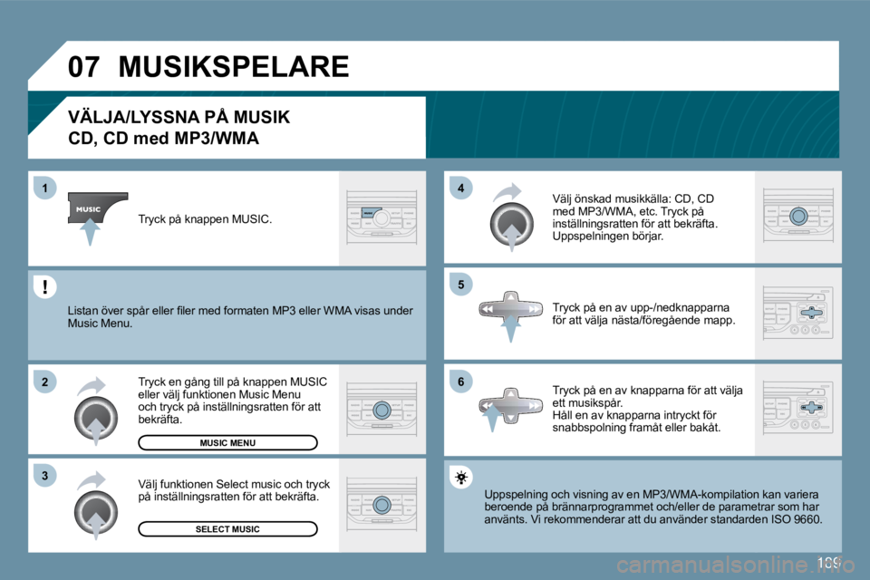 PEUGEOT 207 2010  Bruksanvisningar (in Swedish) 189
�0�7
�6
�4 
�5
�3
�2
�1
�V�Ä�L�J�A�/�L�Y�S�S�N�A� �P�Å� �M�U�S�I�K� � 
�C�D�,� �C�D� �m�e�d� �M�P�3�/�W�M�A� 
� �U�p�p�s�p�e�l�n�i�n�g� �o�c�h� �v�i�s�n�i�n�g� �a�v� �e�n� �M�P�3�/�W�M�A�-�k�o�m
