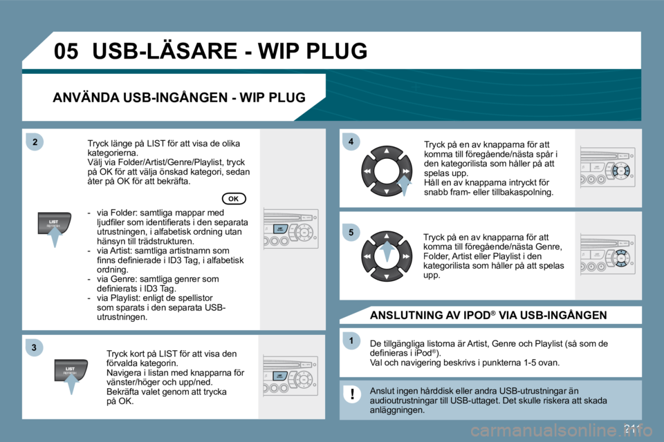 PEUGEOT 207 2010  Bruksanvisningar (in Swedish) 211
�3�3
�0�5
�4�4
�1�1
�5�5
�2�2
� �U�S�B�-�L�Ä�S�A�R�E� �-� �W�I�P� �P�L�U�G� 
� � �A�N�V�Ä�N�D�A� �U�S�B�-�I�N�G�Å�N�G�E�N� �-� �W�I�P� �P�L�U�G� 
� � �T�r�y�c�k� �k�o�r�t� �p�å� �L�I�S�T� �f�