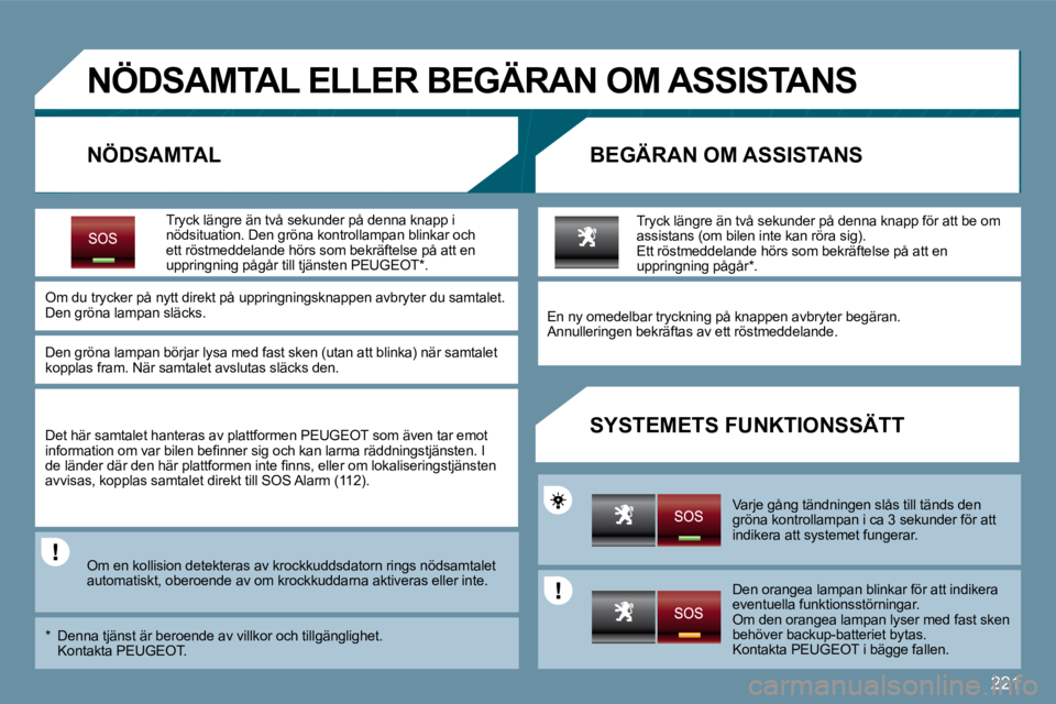 PEUGEOT 207 2010  Bruksanvisningar (in Swedish) 221
�N�Ö�D�S�A�M�T�A�L� �E�L�L�E�R� �B�E�G�Ä�R�A�N� �O�M� �A�S�S�I�S�T�A�N�S� 
� � �N�Ö�D�S�A�M�T�A�L� � � �B�E�G�Ä�R�A�N� �O�M� �A�S�S�I�S�T�A�N�S� 
� � �S�Y�S�T�E�M�E�T�S� �F�U�N�K�T�I�O�N�S�S�
