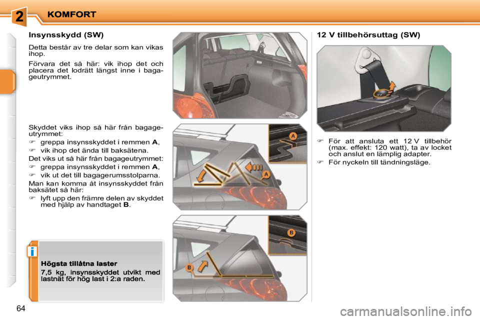 PEUGEOT 207 2010  Bruksanvisningar (in Swedish) i
64
  Insynsskydd (SW) 
 Detta består av tre delar som kan vikas �i�h�o�p�.� 
� �F�ö�r�v�a�r�a�  �d�e�t�  �s�å�  �h�ä�r�:�  �v�i�k�  �i�h�o�p�  �d�e�t�  �o�c�h�  placera  det  lodrätt  längst  