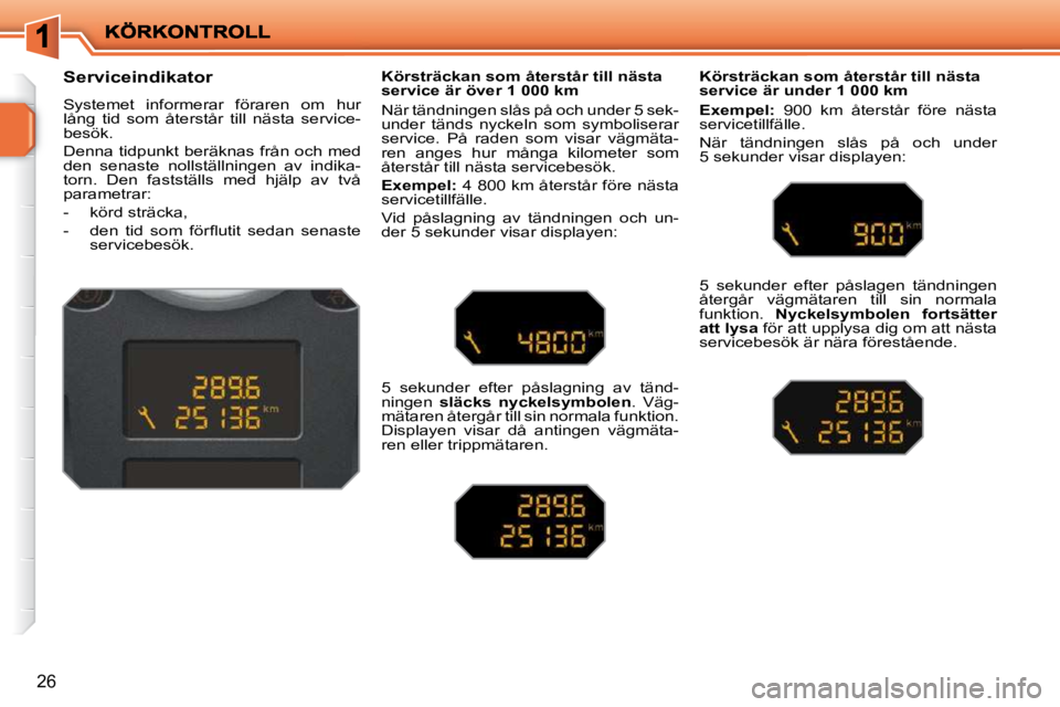 PEUGEOT 207 2010  Bruksanvisningar (in Swedish) 26
          Serviceindikator  
 Systemet  informerar  föraren  om  hur  
lång  tid  som  återstår  till  nästa  service-
besök.  
 Denna tidpunkt beräknas från och med  
den  senaste  nollst�
