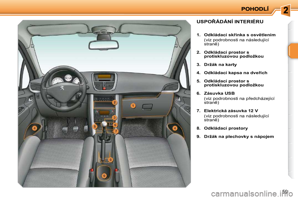 PEUGEOT 207 2010  Návod na použití (in Czech) �5�9
�U�S�P�O8�Á�D�Á�N�Í� �I�N�T�E�R�I�É�R�U� 
   
1.     �O�d�k�l�á�d�a�c�í� �s�k9�í�n�k�a� �s� �o�s�v)�t�l�e�n�í�m    
�  �(�v�i�z� �p�o�d�r�o�b�n�o�s�t�i� �n�a� �n�á�s�l�e�d�u�j�í�c�í