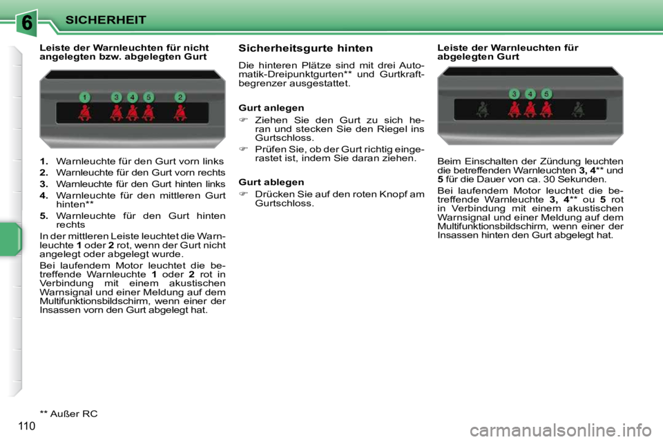 PEUGEOT 207 2009  Betriebsanleitungen (in German) SICHERHEIT
110
   
1.    Warnleuchte für den Gurt vorn links 
  
2.    Warnleuchte für den Gurt vorn rechts 
  
3.    Warnleuchte  für  den  Gurt  hinten  links 
  
4.    Warnleuchte  für  den  mi