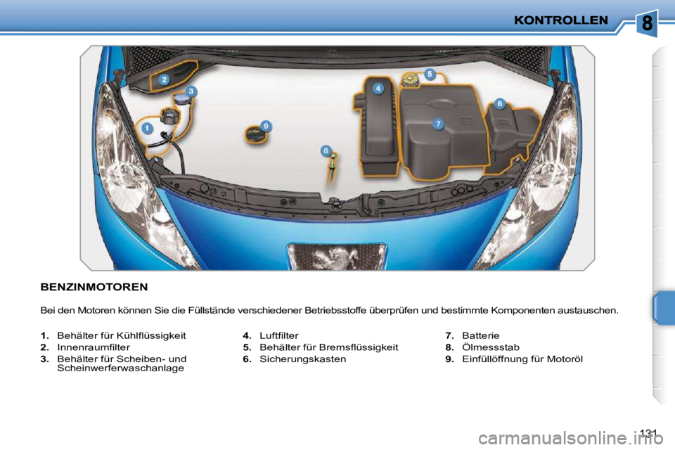 PEUGEOT 207 2009  Betriebsanleitungen (in German) 131
BENZINMOTOREN 
 Bei den Motoren können Sie die Füllstände verschiedener Betriebsstoffe überprüfen und bestimmte Kompo nenten austauschen. 
   
1. � �  �B�e�h�ä�l�t�e�r� �f�ü�r� �K�ü�h�l�