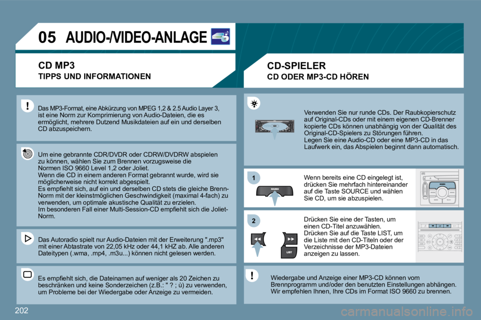 PEUGEOT 207 2009  Betriebsanleitungen (in German) 202
11
�2�2
�0�5�A�U�D�I�O�-�/�V�I�D�E�O�-�A�N�L�A�G�E� 
Das MP3-Format, eine Abkürzung von MPEG 1,2 & 2.5 Audio Layer 3,ist eine Norm zur Komprimierung von Audio-Dateien, die es ermöglicht, mehrere