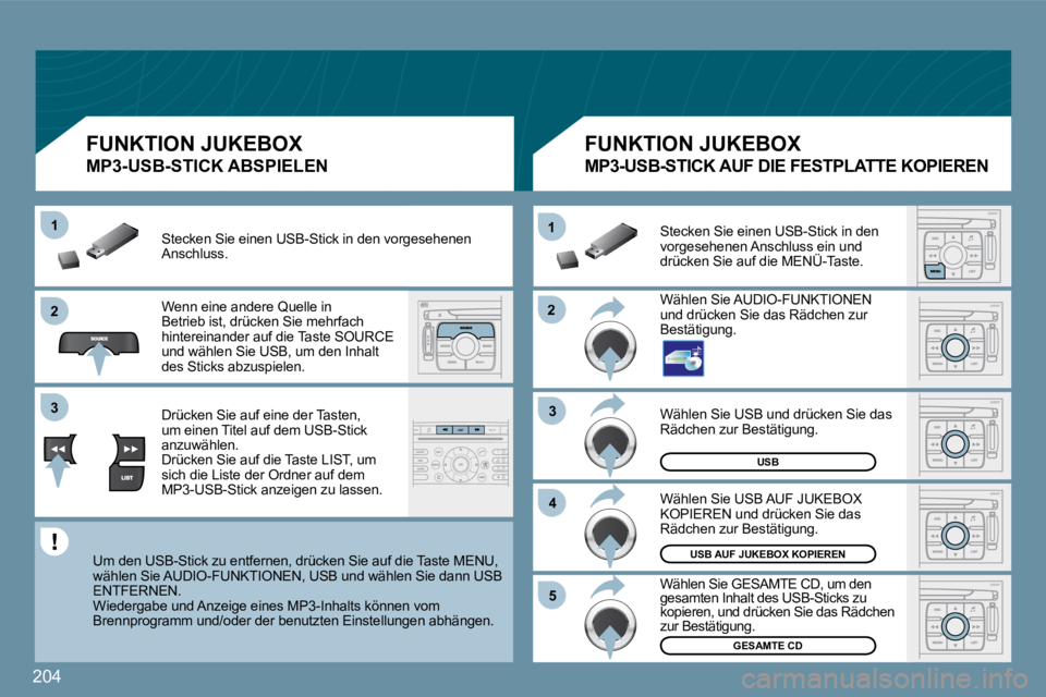 PEUGEOT 207 2009  Betriebsanleitungen (in German) 204
�2�2
11
�3�3
�4�4
�5�5
�2�2
�3�3
11
USB
GESAMTE CD
USB AUF JUKEBOX KOPIEREN
 Wählen Sie USB und drücken Sie das Rädchen zur Bestätigung. 
 Wählen Sie USB AUF JUKEBOX KOPIEREN und drücken Sie