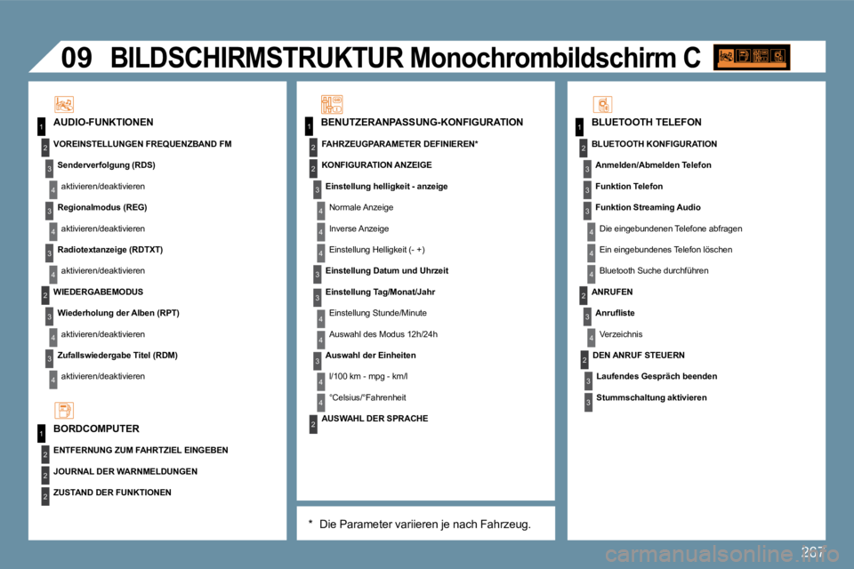 PEUGEOT 207 2009  Betriebsanleitungen (in German) 267
11
2
3
4
3
4
3
2
3
4
3
4
2
3
4
2
4
4
3
3
4
4
1
2
2
1
2
3
3
3
4
4
4
2
3
4
2
3
3
2
2
�0�9
4
3
4
4
� �B�I�L�D�S�C�H�I�R�M�S�T�R�U�K�T�U�R� �M�o�n�o�c�h�r�o�m�b�i�l�d�s�c�h�i�r�m� �C� � � 
  *    Die 