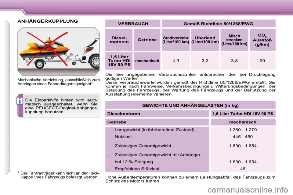 PEUGEOT 207 2009  Betriebsanleitungen (in German) i
     ANHÄNGERKUPPLUNG 
  Mechanische Vorrichtung, ausschließlich zum  
Anbringen eines Fahrradträgers geeignet *.  
   
VERBRAUCH         Gemäß Richtlinie 80/1268/EWG    
  
Diesel-
motoren    
