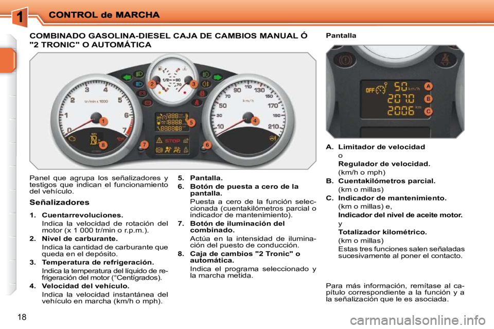 PEUGEOT 207 2009 Manual del propietario (in Spanish) 18
COMBINADO GASOLINA-DIESEL CAJA DE CAMBIOS MANUAL Ó
"2 TRONIC" O AUTOMÁTICA
Panel que agrupa los señalizadores y
testigos que indican el funcionamiento
del vehícu PEUGEOT 207 2009 Manual del propietario (in Spanish) 18
COMBINADO GASOLINA-DIESEL CAJA DE CAMBIOS MANUAL Ó
"2 TRONIC" O AUTOMÁTICA
Panel que agrupa los señalizadores y
testigos que indican el funcionamiento
del vehícu
