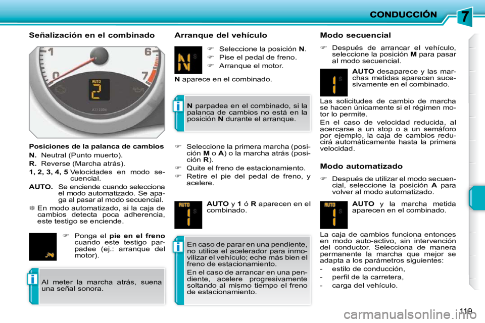 PEUGEOT 207 2009 Manual del propietario (in Spanish) i
i
i
119
Señalización en el combinado
Posiciones de la palanca de cambios
N. Neutral (Punto muerto).
R. Reverse (Marcha atrás).
1, 2, 3, 4, 5 Velocidades en modo se- PEUGEOT 207 2009 Manual del propietario (in Spanish) i
i
i
119
Señalización en el combinado
Posiciones de la palanca de cambios
N. Neutral (Punto muerto).
R. Reverse (Marcha atrás).
1, 2, 3, 4, 5 Velocidades en modo se-