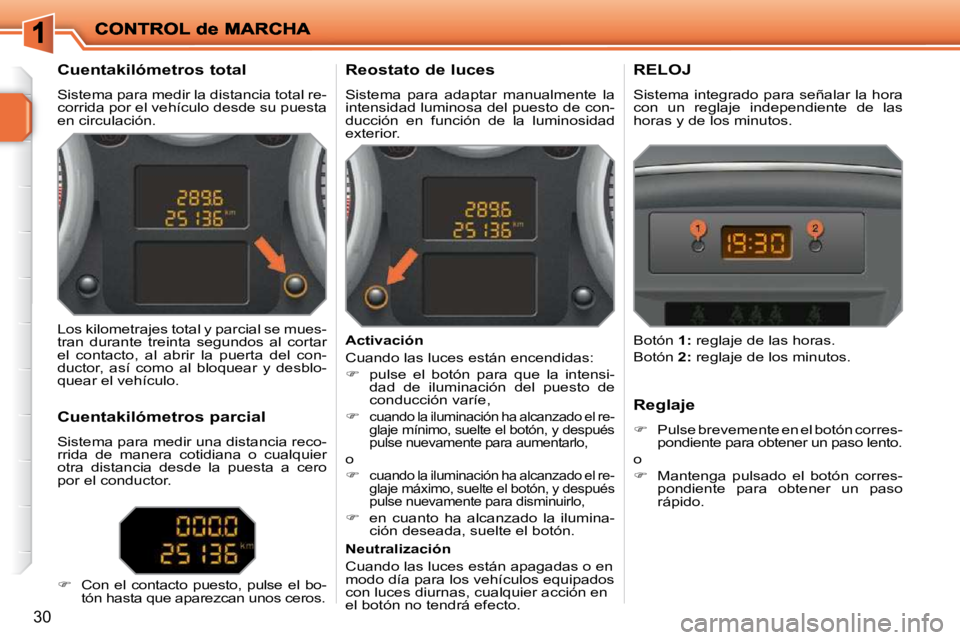 PEUGEOT 207 2009  Manual del propietario (in Spanish) 30
          Cuentakilómetros total  
 Sistema para medir la distancia total re- 
corrida por el vehículo desde su puesta 
en circulación.         Reostato de luces  
 Sistema  para  adaptar  manua