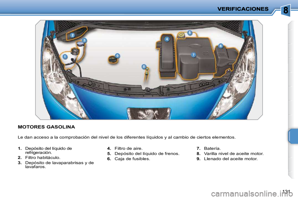 PEUGEOT 207 2009  Manual del propietario (in Spanish) 131
           MOTORES GASOLINA  
 Le dan acceso a la comprobación del nivel de los diferentes líquidos y al cambio de ciertos elementos. 
   
1.    Depósito del líquido de 
refrigeración. 
2.   