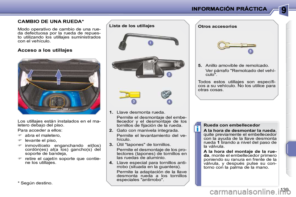 PEUGEOT 207 2009  Manual del propietario (in Spanish) i
139
                   CAMBIO DE UNA RUEDA *  
 Modo operativo de cambio de una rue- 
da  defectuosa  por  la  rueda  de  repues-
to  utilizando  los  utillajes  suministrados 
con el vehículo.  
 