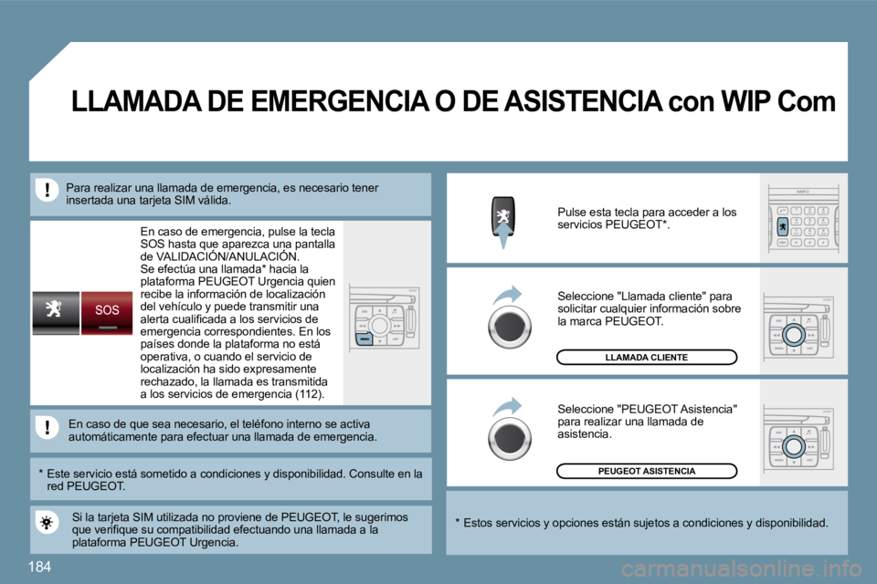 PEUGEOT 207 2009  Manual del propietario (in Spanish) 184
 En caso de emergencia, pulse la tecla SOS hasta que aparezca una pantalla de VALIDACIÓN/ANULACIÓN. SOS hasta que aparezca una paa que aparezca una 
 Se efectúa una llamada *  hacia la platafor