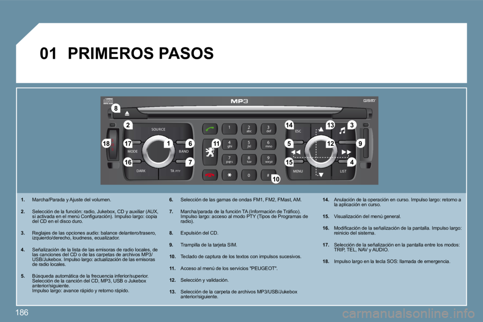 PEUGEOT 207 2009  Manual del propietario (in Spanish) 186
S
O S
SOU R CE
MODE B AND ESC
2
abc
5
jkl
8
tuv 3
def
6
mno
9
wxyz
1 4
ghi
7
pqr s
0 # MENU LIST
TA 
P T Y
DARK
�2
�8
�1�6
�1�8 �1�7
�711 �1�4 �3
�5 �9 �4
�1�5 �1�2
�1�3
�61
10
01
 PRIMEROS PASOS 
