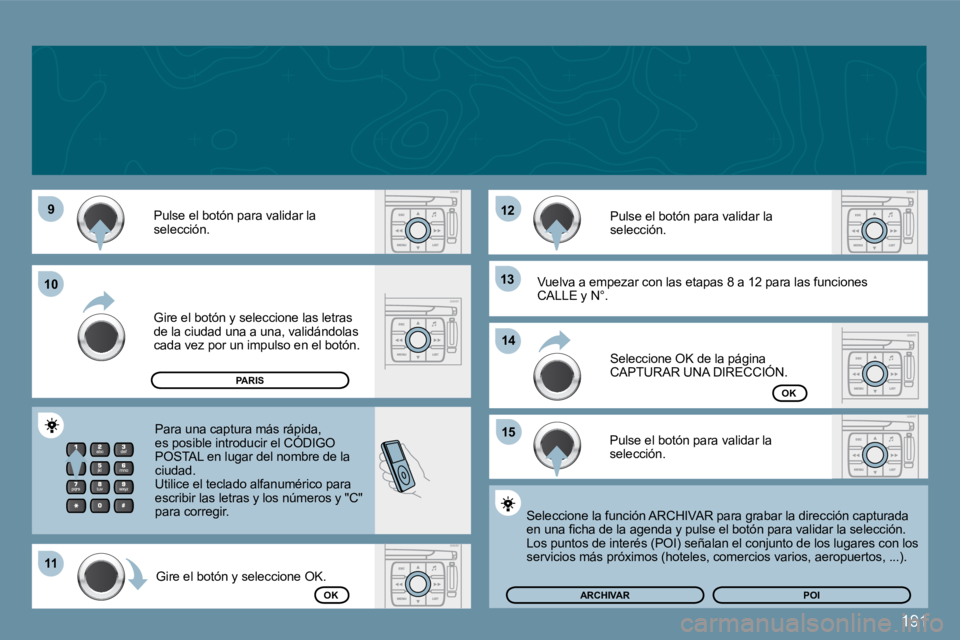 PEUGEOT 207 2009  Manual del propietario (in Spanish) 191
�9�9
1111
�1�2�1�2
�1�3�1�3
�1�5�1�5
1010
�1�4�1�4
 Pulse el botón para validar la selección. 
 Gire el botón y seleccione las letras de la ciudad una a una, validándolas cada vez por un impul
