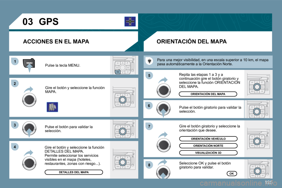 PEUGEOT 207 2009  Manual del propietario (in Spanish) 195
�0�3
11
�2�2
�3�3
�4�4
�6�6
�7�7
�8�8
�5�5
       GPS 
 Pulse la tecla MENU. 
 Gire el botón y seleccione la función MAPA. 
 Pulse el botón para validar la selección. 
 Gire el botón y selecc