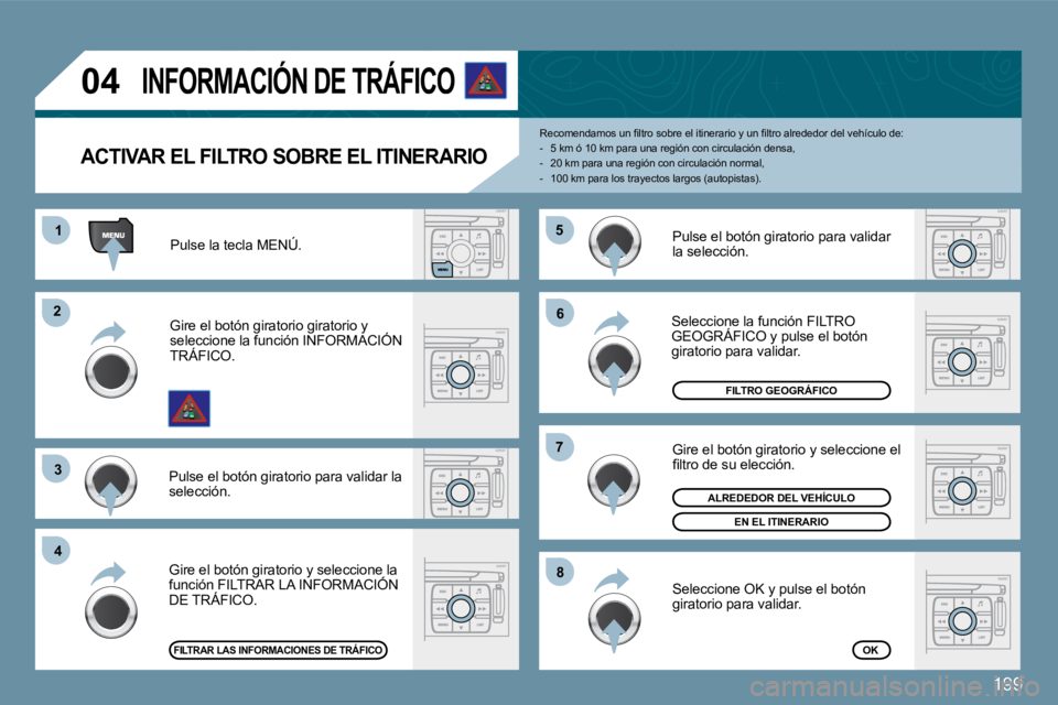 PEUGEOT 207 2009  Manual del propietario (in Spanish) 199
11
�2�2
�3�3
�4�4
�5�5
�6�6
�7�7
�8�8
�0�4
�A�C�T�I�V�A�R� �E�L� �F�I�L�T�R�O� �S�O�B�R�E� �E�L� �I�T�I�N�E�R�A�R�I�O� 
� �R�e�c�o�m�e�n�d�a�m�o�s� �u�n� �ﬁ� �l�t�r�o� �s�o�b�r�e� �e�l� �i�t�i�n