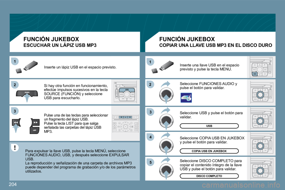PEUGEOT 207 2009  Manual del propietario (in Spanish) 204
�2�2
11
�3�3
�4�4
�5�5
�2�2
�3�3
11
USB
DISCO COMPLETO
COPIA USB EN JUKEBOX
 Seleccione USB y pulse el botón para validar. 
 Seleccione COPIA USB EN JUKEBOX y pulse el botón para validar. 
 Sele