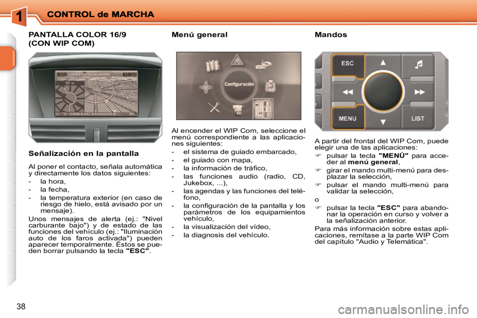 PEUGEOT 207 2009  Manual del propietario (in Spanish) 38
             PANTALLA COLOR 16/9
(CON WIP COM) 
  Señalización en la pantalla  Al encender el WIP Com, seleccione el  
menú  correspondiente  a  las  aplicacio-
nes siguientes:  
   -   el siste