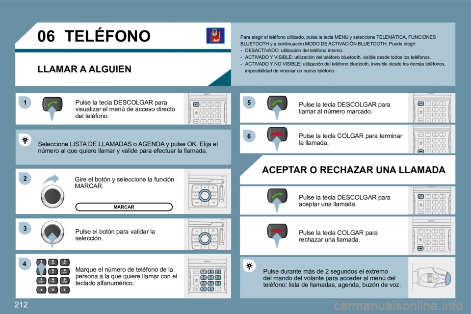 PEUGEOT 207 2009  Manual del propietario (in Spanish) 212
11
�2�2
�3�3
�4�4
�5�5
�6�6
�0�6 TELÉFONO 
  LLAMAR A ALGUIEN 
 Seleccione LISTA DE LLAMADAS o AGENDA y pulse OK. Elija el número al que quiere llamar y valide para efectuar la llamada. 
 Pulse 