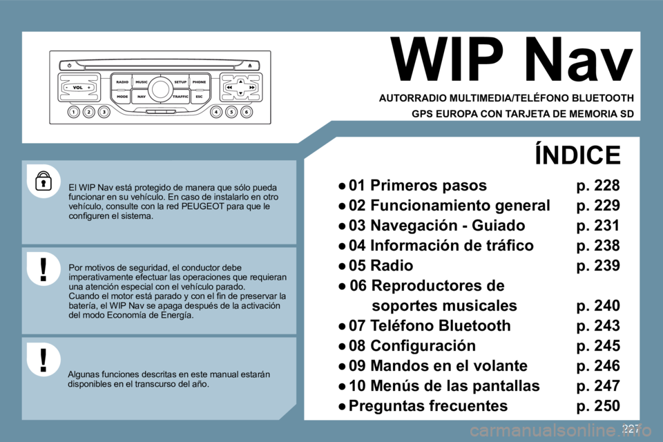 PEUGEOT 207 2009  Manual del propietario (in Spanish) 227
 El WIP Nav está protegido de manera que sólo pueda funcionar en su vehículo. En caso de instalarlo en otro vehículo, consulte con la red PEUGEOT para que le �c�o�n�ﬁ� �g�u�r�e�n� �e�l� �s�i
