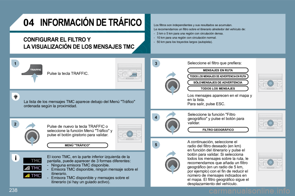 PEUGEOT 207 2009  Manual del propietario (in Spanish) 238
�0�4
�2
1
�3
�4
�5
       INFORMACIÓN DE TRÁFICO 
CONFIGURAR EL FILTRO Y 
�L�A� �V�I�S�U�A�L�I�Z�A�C�I�Ó�N� �D�E� �L�O�S� �M�E�N�S�A�J�E�S� �T�M�C
 A continuación, seleccione el �r�a�d�i�o� �d