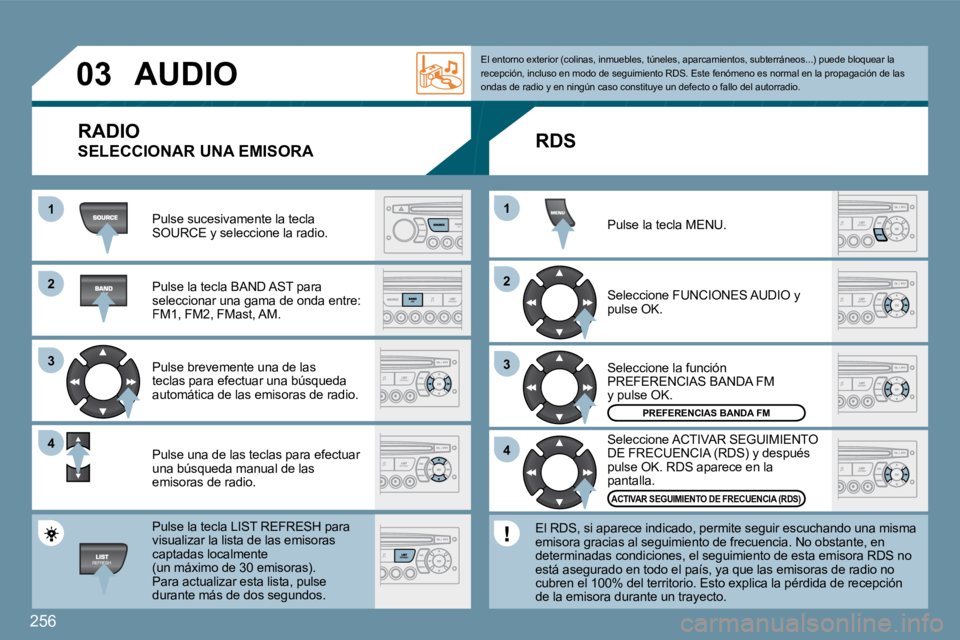 PEUGEOT 207 2009  Manual del propietario (in Spanish) 256
�2�2
�3�3
�4�4
11
�2�2
�4�4
�3�3
11
�0�3     AUDIO 
 Pulse sucesivamente la tecla SOURCE y seleccione la radio. 
 Pulse la tecla BAND AST para seleccionar una gama de onda entre: FM1, FM2, FMast, 