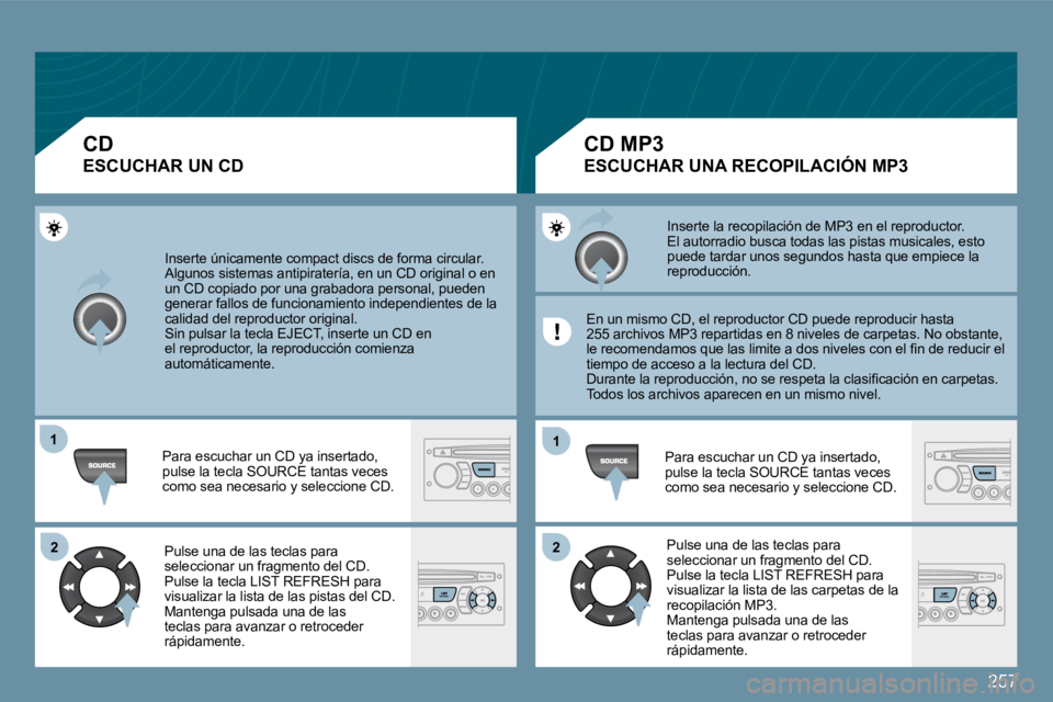 PEUGEOT 207 2009  Manual del propietario (in Spanish) 257
11
�2�2
11
�2�2
 Inserte únicamente compact discs de forma circular.  Algunos sistemas antipiratería, en un CD original o en un CD copiado por una grabadora personal, pueden generar fallos de fu
