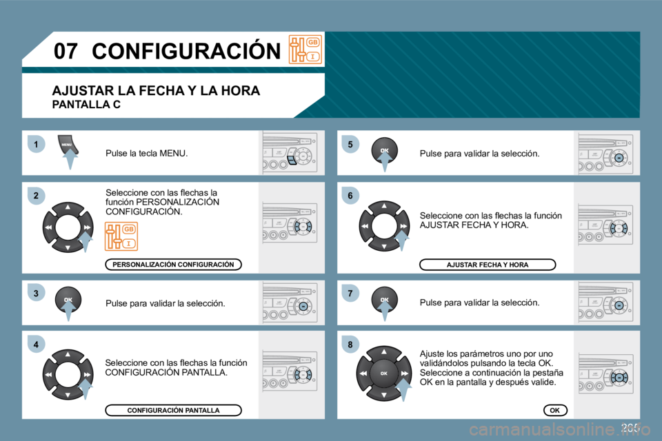 PEUGEOT 207 2009  Manual del propietario (in Spanish) 265
11
�2�2
�3�3
�4�4
�5�5
�6�6
�7�7
�8�8
�0�7       CONFIGURACIÓN 
 Pulse la tecla MENU. 
� �S�e�l�e�c�c�i�o�n�e� �c�o�n� �l�a�s� �ﬂ� �e�c�h�a�s� �l�a�  
función PERSONALIZACIÓN  
 CONFIGURACIÓ