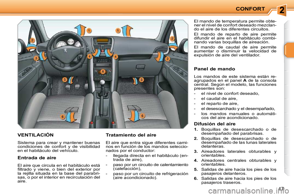 PEUGEOT 207 2009  Manual del propietario (in Spanish) CONFORT
47
       VENTILACIÓN 
 Sistema para crear y mantener buenas  
condiciones  de  confort  y  de  visibilidad 
en el habitáculo del vehículo.   Tratamiento del aire  
 El aire que entra sigue