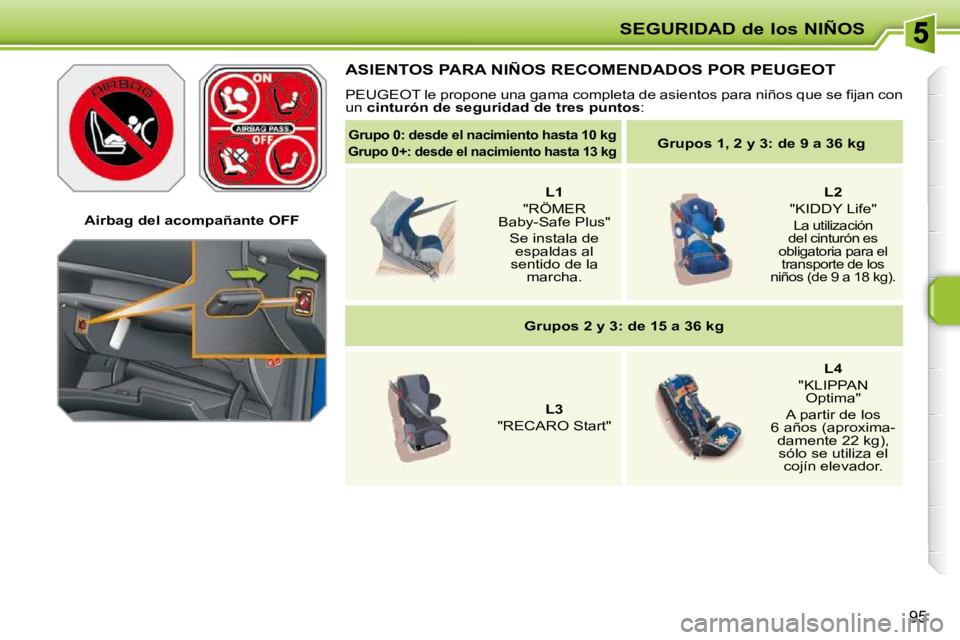 PEUGEOT 207 2009  Manual del propietario (in Spanish) SEGURIDAD de los NIÑOS
95
   Airbag del acompañante OFF   
 ASIENTOS PARA NIÑOS RECOMENDADOS POR PEUGEOT 
� �P�E�U�G�E�O�T� �l�e� �p�r�o�p�o�n�e� �u�n�a� �g�a�m�a� �c�o�m�p�l�e�t�a� �d�e� �a�s�i�e�