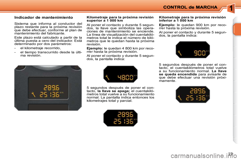 PEUGEOT 207 2009  Manual del propietario (in Spanish) 27
        Indicador de mantenimiento  
 Sistema  que  informa  al  conductor  del  
plazo  restante para la próxima  revisión 
que debe efectuar, conforme al plan de 
mantenimiento del fabricante. 