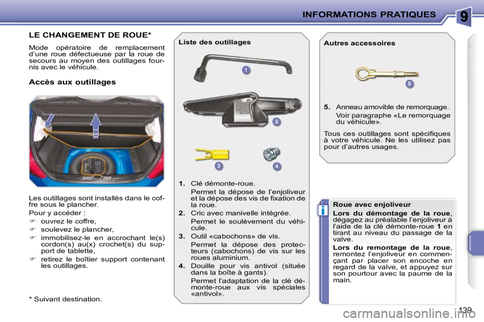 PEUGEOT 207 2009  Manuel du propriétaire (in French) i
INFORMATIONS PRATIQUES
139
LE CHANGEMENT DE ROUE *  
 Mode  opératoire  de  remplacement  
d’une  roue  défectueuse  par  la  roue  de 
secours  au  moyen  des  outillages  four-
nis avec le vé