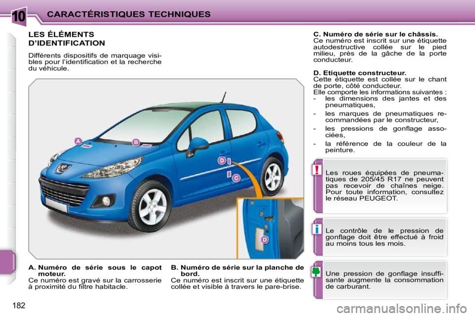 PEUGEOT 207 2009  Manuel du propriétaire (in French) 10
!
i
182
CARACTÉRISTIQUES TECHNIQUES
 LES ÉLÉMENTS 
D’IDENTIFICATION 
 Différents  dispositifs  de  marquage  visi- 
�b�l�e�s� �p�o�u�r� �l�’�i�d�e�n�t�i�ﬁ� �c�a�t�i�o�n� �e�t� �l�a� �r�e�