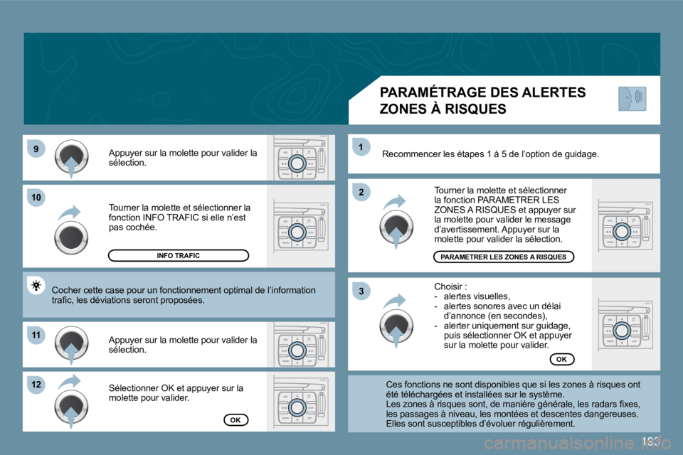 PEUGEOT 207 2009  Manuel du propriétaire (in French) 193
�9�9
1010
1111
�1�2�1�2
�2�2
11
�3�3
 Tourner la molette et sélectionner la �f�o�n�c�t�i�o�n� �I�N�F�O� �T�R�A�F�I�C� �s�i� �e�l�l�e� �n�’�e�s�t� pas cochée. 
 Appuyer sur la molette pour vali