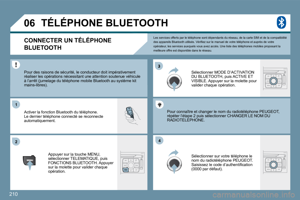 PEUGEOT 207 2009  Manuel du propriétaire (in French) 210
�3
�2�2
11
�4�4
�0�6
 Les services offerts par le téléphone sont dépendants du réseau, de la carte SIM et de la compatibilité �d�e�s� �a�p�p�a�r�e�i�l�s� �B�l�u�e�t�o�o�t�h� �u�t�i�l�i�s�é�s