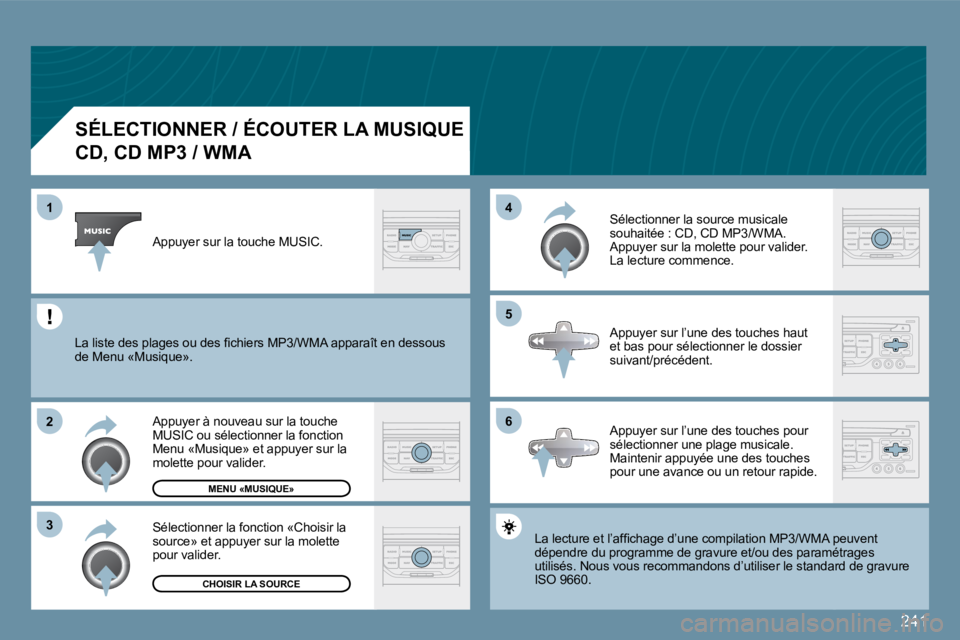 PEUGEOT 207 2009  Manuel du propriétaire (in French) 241
�6
�4 
�5
�3
�2
1
� � � � � � � � � � �S�É�L�E�C�T�I�O�N�N�E�R� �/� �É�C�O�U�T�E�R� �L�A� �M�U�S�I�Q�U�E� � 
�C�D�,� �C�D� �M�P�3� �/� �W�M�A� 
� �L�a� �l�e�c�t�u�r�e� �e�t� �l�’�a�f�ﬁ� �c�h