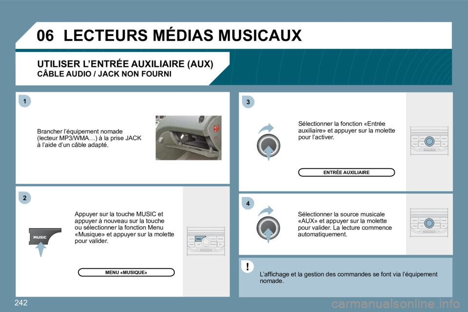 PEUGEOT 207 2009  Manuel du propriétaire (in French) 242
�0�6
�4�3
1�2
� �B�r�a�n�c�h�e�r� �l�’�é�q�u�i�p�e�m�e�n�t� �n�o�m�a�d�e� �(�l�e�c�t�e�u�r� �M�P�3�/�W�M�A�…�)� �à� �l�a� �p�r�i�s�e� �J�A�C�K� à l’aide d’un câble adapté. 
 Appuyer s