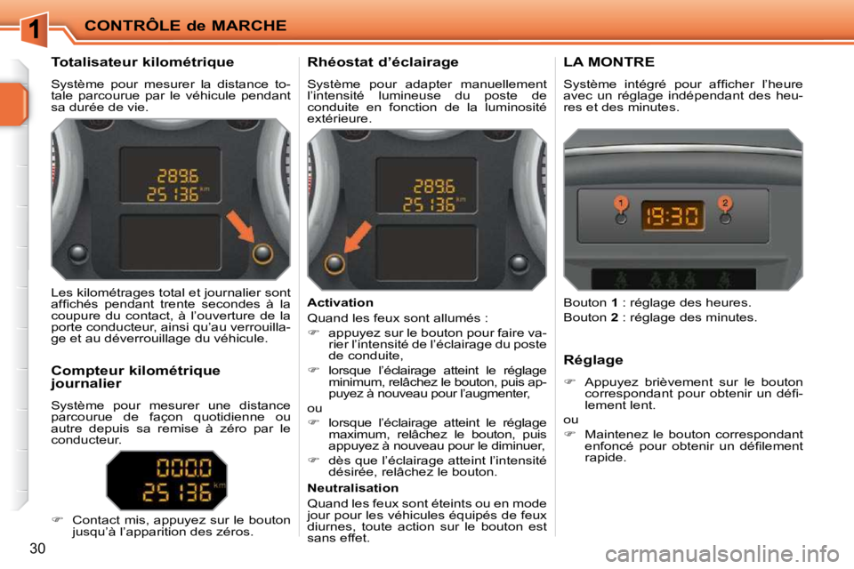 PEUGEOT 207 2009  Manuel du propriétaire (in French) CONTRÔLE de MARCHE
30
             
�T�o�t�a�l�i�s�a�t�e�u�r� �k�i�l�o�m�é�t�r�i�q�u�e�  
 Système  pour  mesurer  la  distance  to- 
tale  parcourue  par  le  véhicule  pendant 
sa durée de vie.