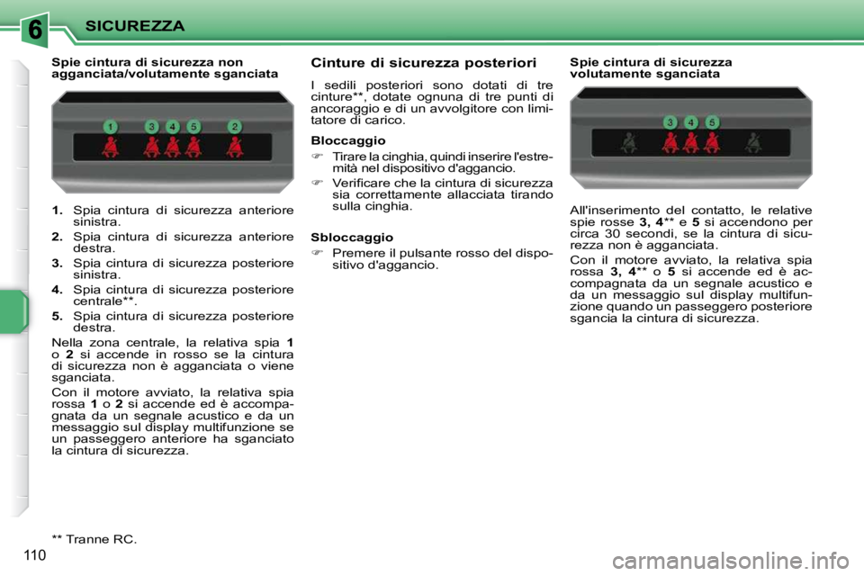PEUGEOT 207 2009  Manuale duso (in Italian) SICUREZZA
110
   
1.    Spia  cintura  di  sicurezza  anteriore 
sinistra. 
  
2.    Spia  cintura  di  sicurezza  anteriore 
destra. 
  
3.    Spia  cintura  di  sicurezza  posteriore 
sinistra. 
  
